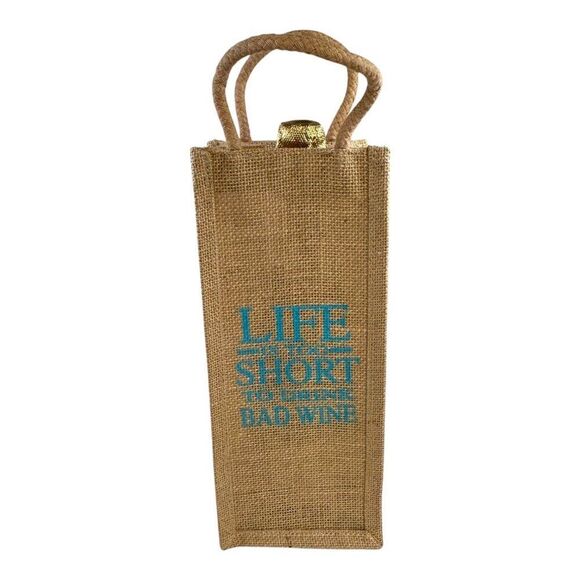 Jute Wine Tote Bag With "Life Is Too Short To Drink Bad Wine" Quote Gift Bag - Picture 1 of 7
